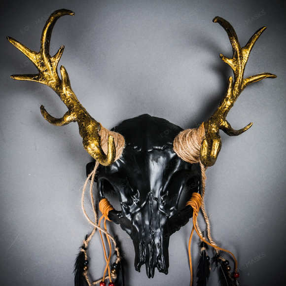 Antelope Devil Gold Deer Horn Skull Ghost Masquerade Mask - Black - Picture 3 of 8